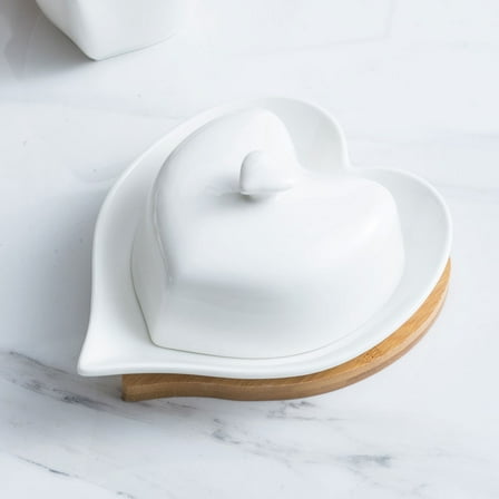 Luxshiny Butter Dish Ceramic Heart Shaped Home Tableware 1 Set 6.68X5.50X3.14in
