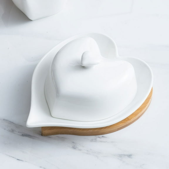 Luxshiny Butter Dish Ceramic Heart Shaped Home Tableware 1 Set 6.68X5.50X3.14in