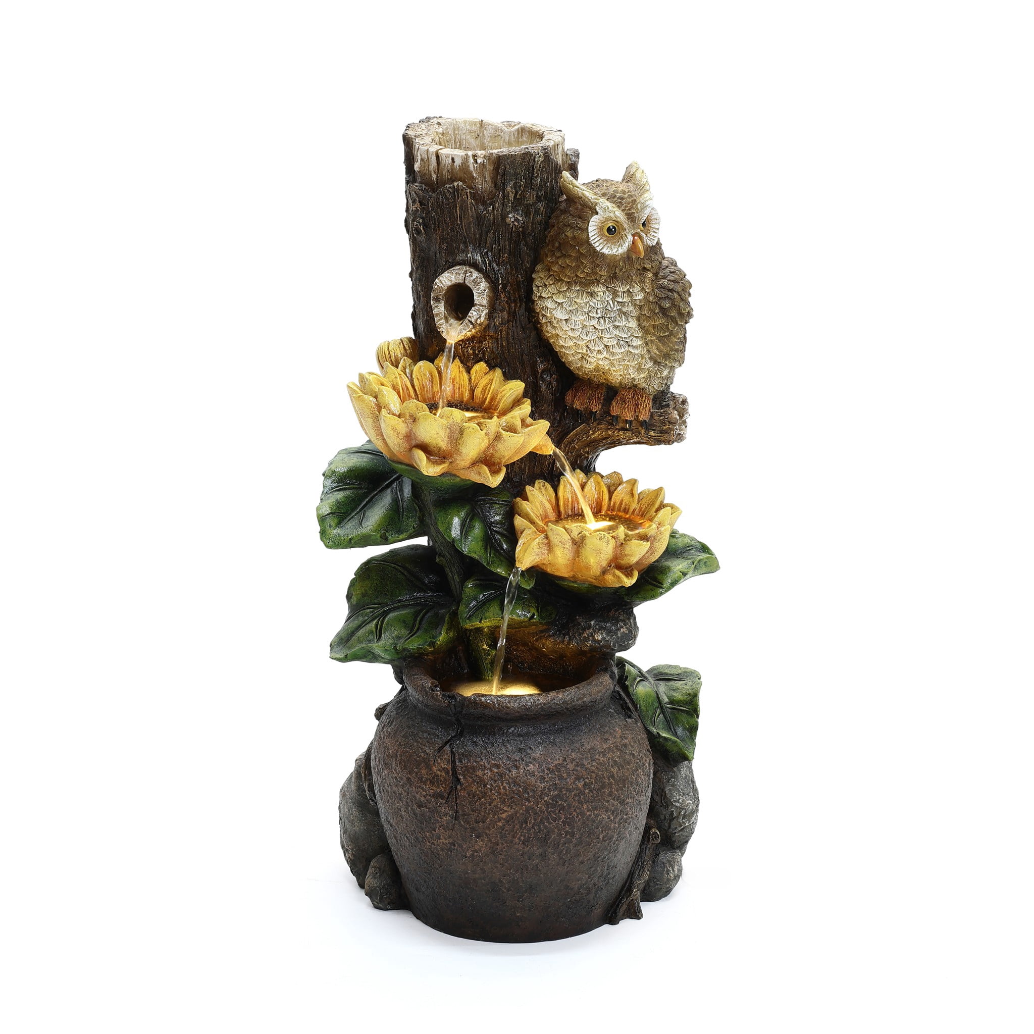 LuxenHome Sunflower and Owl 2.3-Feet Tall Outdoor Polyresin Fountain with Lights