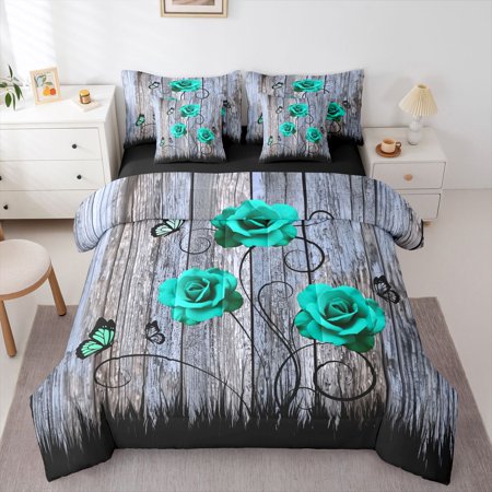 Castle Fairy Teal Rose Twin Bedding Sets Romantic Flower Butterflies Bedding Comforter Set