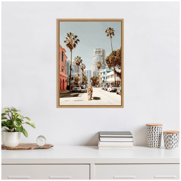 Kate and Laurel California Tiger Roaming through Palm Springs Framed Canvas Wall Art by Michael Schauer 18 x 24 Sylvie Natural, Whimsical, Animals, Cityscapes, Tropical Art for Wall Decor, Living Room