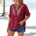 thumbnail image 6 of Qwertyu Linen Shirts for Women Spring Summer Casual Short Sleeve Embroidered Boho Tops Loose Fit Button Down Blouses Trendy Dressy V Neck Work Shirts Wine M, 6 of 6