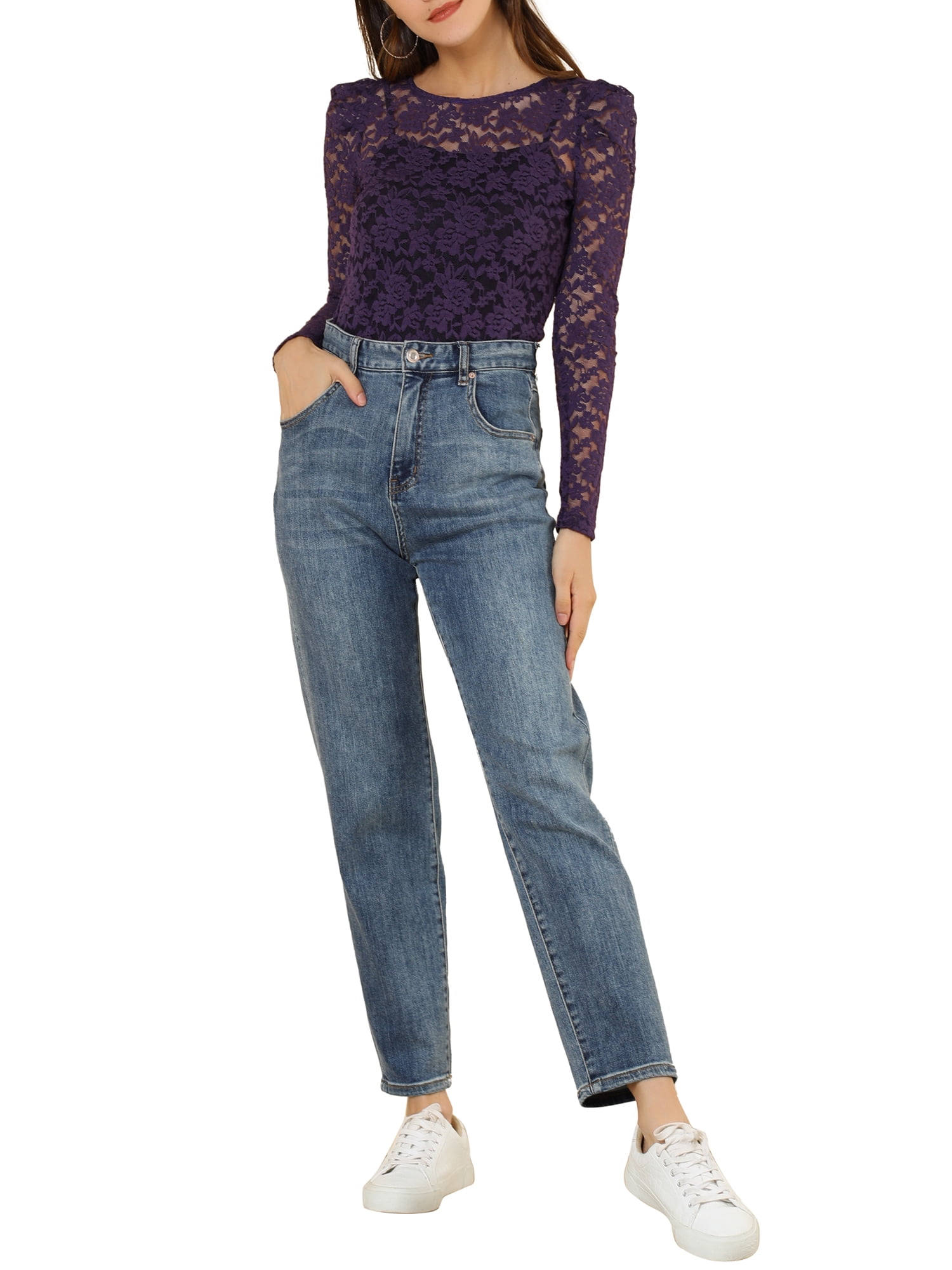 DARING DIVA Semi Sheer Puff Sleeve Vintage Top XL Purple