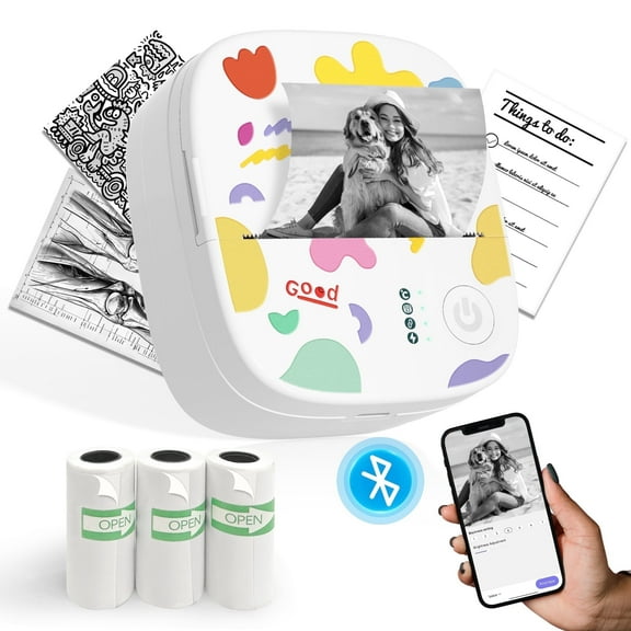 Mini Portable Sticker Printer XenGro, Mini Thermal Printer with 4 Rolls Paper, Bluetooth Inkless Printpods, Pocket Label Maker Suitable for Creative Kids DIY, Diaries, Photos, Study Notes
