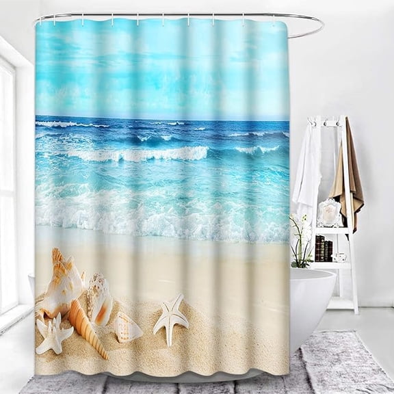 Shower Curtain Sets Bathroom With 12 Hooks, Summer Beach Theme Ocean Seashell, Bath Decor Blue Tropical Coastal Starfish Shell Waterproof Polyester Bathing Curtain 36"W x 72"L