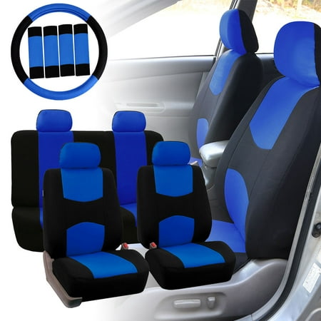FH Group Car Seat Covers Flat Cloth for Sedan, SUV, Van, Full Set w/ Steering Cover &amp; Belt Pads, Blue Black