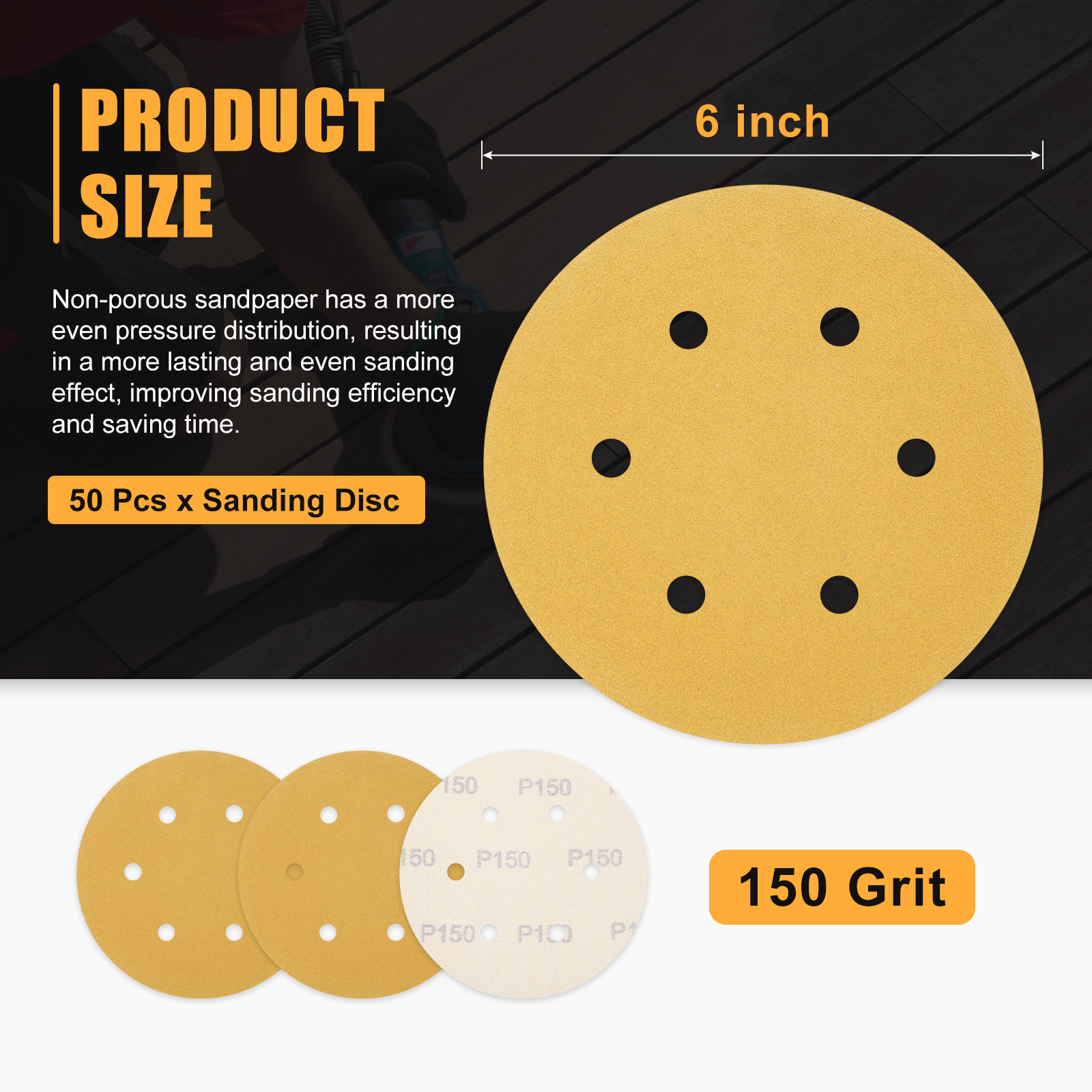 50 Pack 6 Inch Sanding Disc 150 Grit 6 Hole Round Hook and Loop Sandpapers Fit for Random Orbital Sander Automotive or Cars Repairing, Grinding or Polishing, Yellow