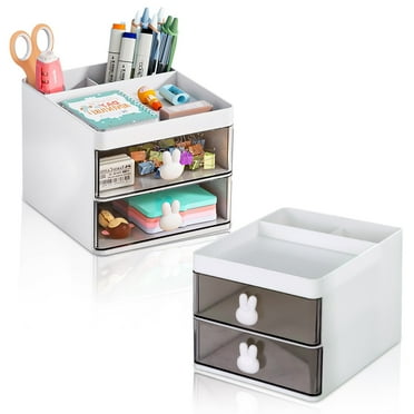 2 Pack Desktop Organizer with Drawers Office Makeup Organizer Storage Box, Pen Pencil Card Holder Multi-Functional Desk Caddy Supplies Accessories for Home, Office (White)