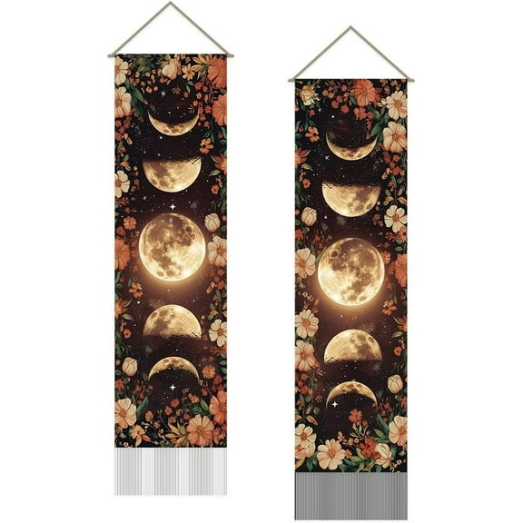 Moon Phase Tapestry Moon Flower Wall Art Tapestry Wall Blanket Long Tapestry Wall Hanging Pack of 2 Tapestries with Tassel for Living Room Bedroom Dorm Backdrop Decorations Gifts for Christmas 1set