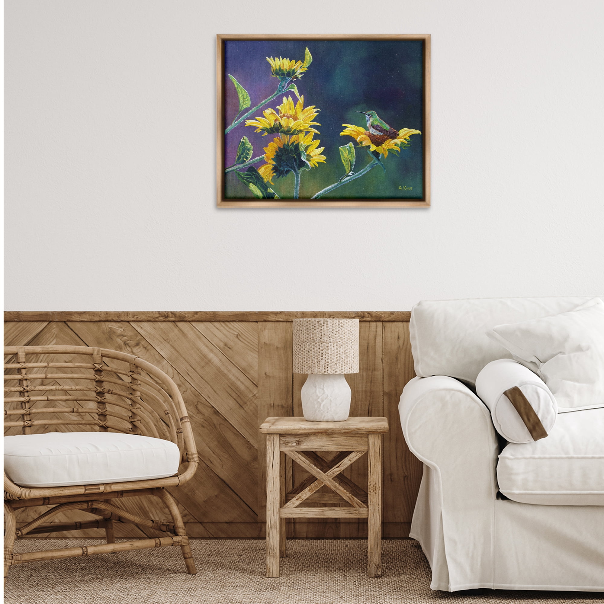 Stupell Industries Resting Birds on Sunflowers Plants & Flowers Painting Brown Floater Framed Canvas Art Print Wall Art, 31 x 25