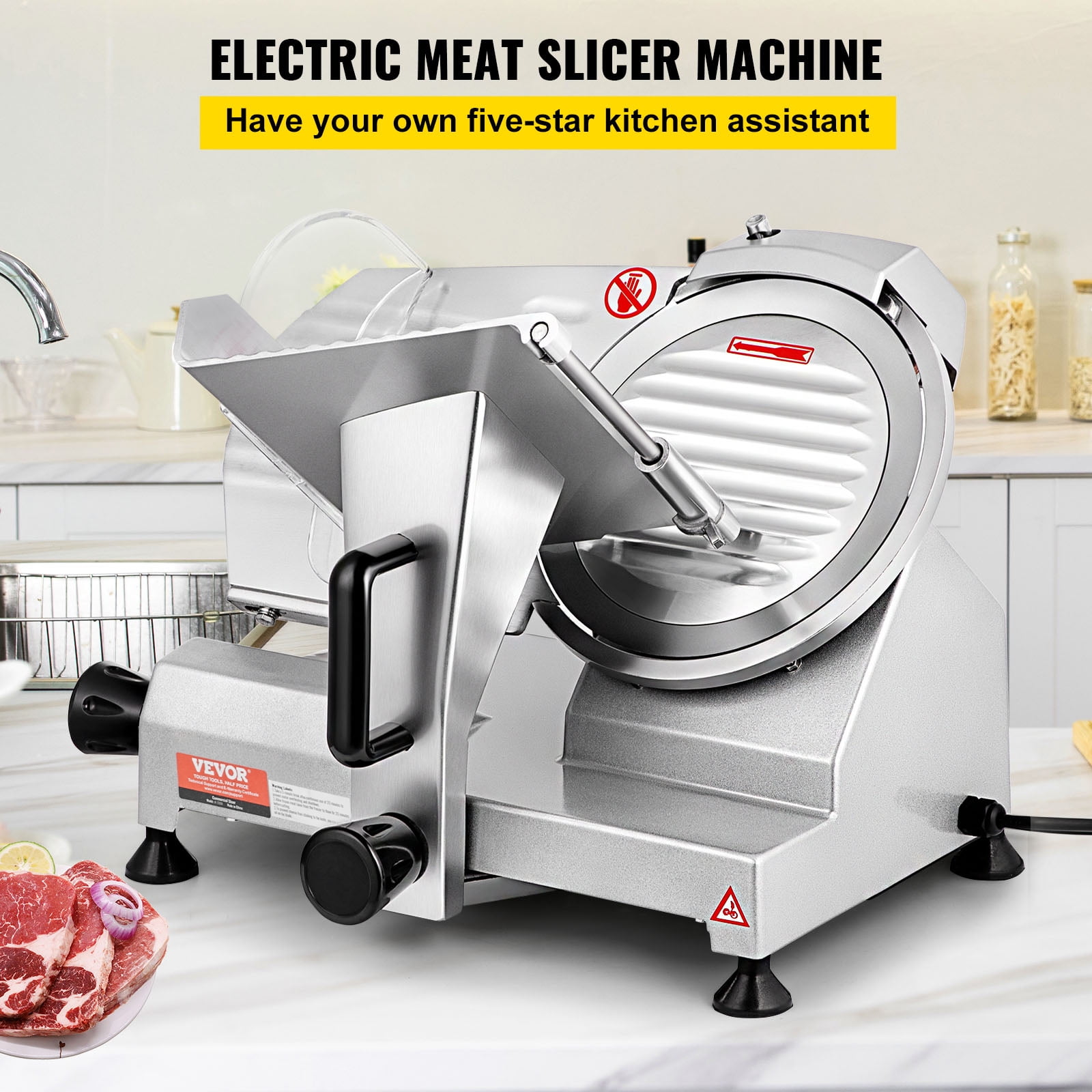 VEVOR Commercial Meat Slicer, 200W Electric Deli Food Slicer, 350-400RPM Meat Slicer with 8" Carbon Steel Blade, 0 - 0.47 inch Adjustable Thickness