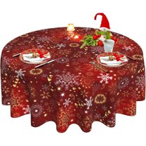 Christmas Tablecloth, Winter Red Round Tablecloth 70 Inch, Xmas Gold Snowflake Table Cloth for Rustic Farmhouse Kitchen Decor, Wipeable Polyester Fabric Table Cover for Holiday Party Outdoor Camping