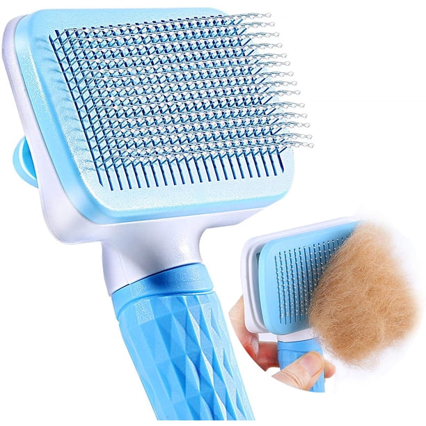 Suministros para mascotas, cepillo para blanquear y atar con un solo clic, cepillo para perros y gatos, cepillo autolimpiante para pelo muerto de perros y gatos, elimina eficazmente hasta el 95% del pelo suelto y la pelusa, adecuado para pelos de mascotas cortos y largos para perros y gatos, Cuadrado de aguja fina azul brillar Electrónica