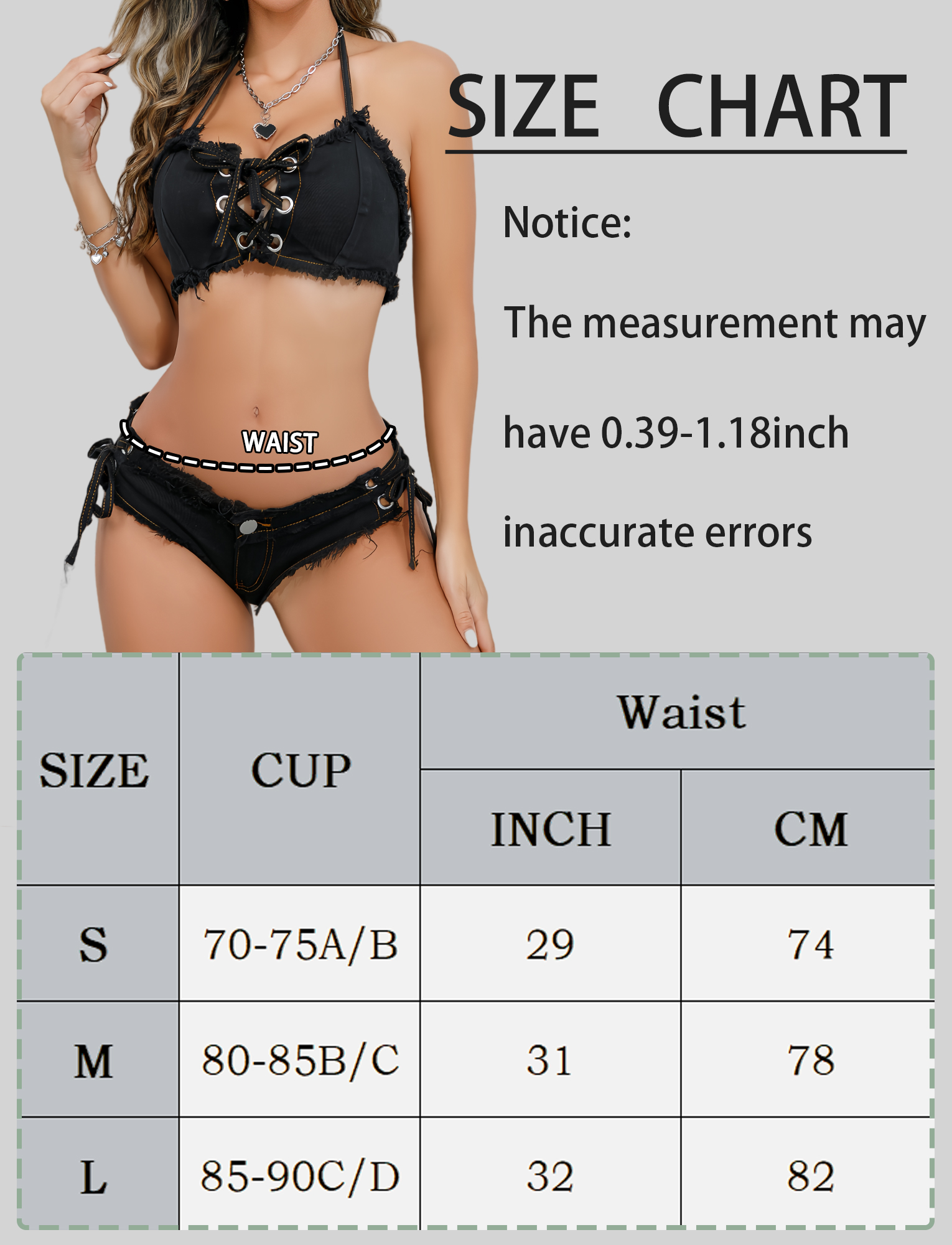 Ausing Womens Lingerie Set Denim Bikini Strappy Bra and Hot Shorts Adjustable Halter Neck Pool Party Nightclub Black L