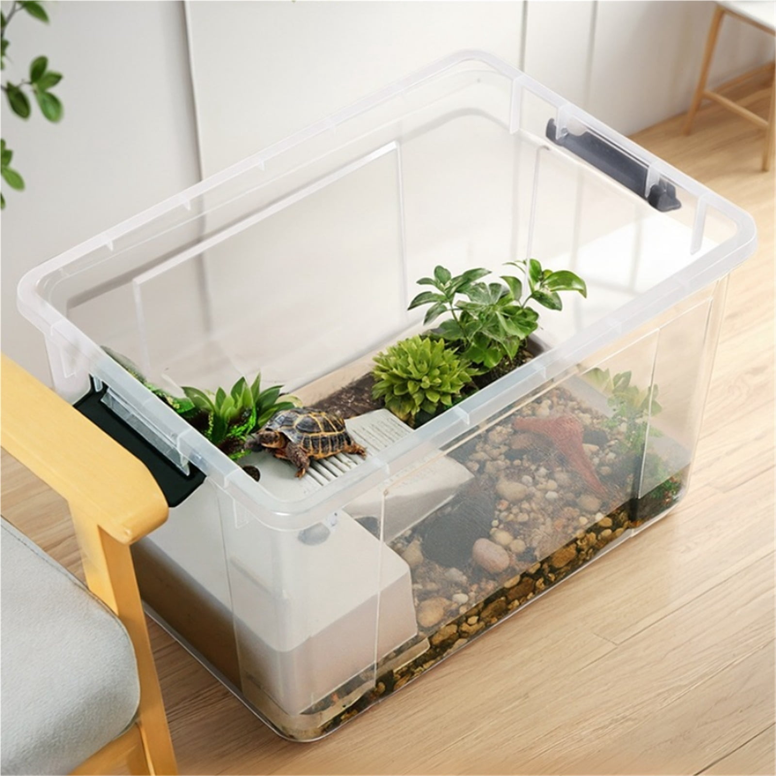 Turtle turnover box turtle feeding tank sun drying table, transparent tape cover