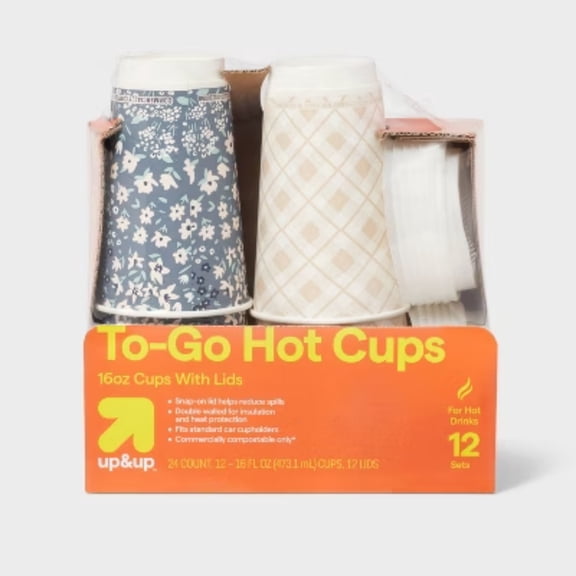 16oz Compostable Hot Coffee Cups with Matching Lids, Biodegradable Eco Disposable Takeout Tea Hot Drink Cups, 12 Pack