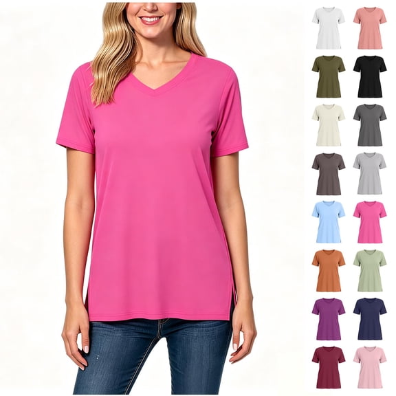 Women's V-Neck Short Sleeve Side Slit Loose Fit Tunic T-Shirt, Women's Plus Hot Pink,Size S-3XL