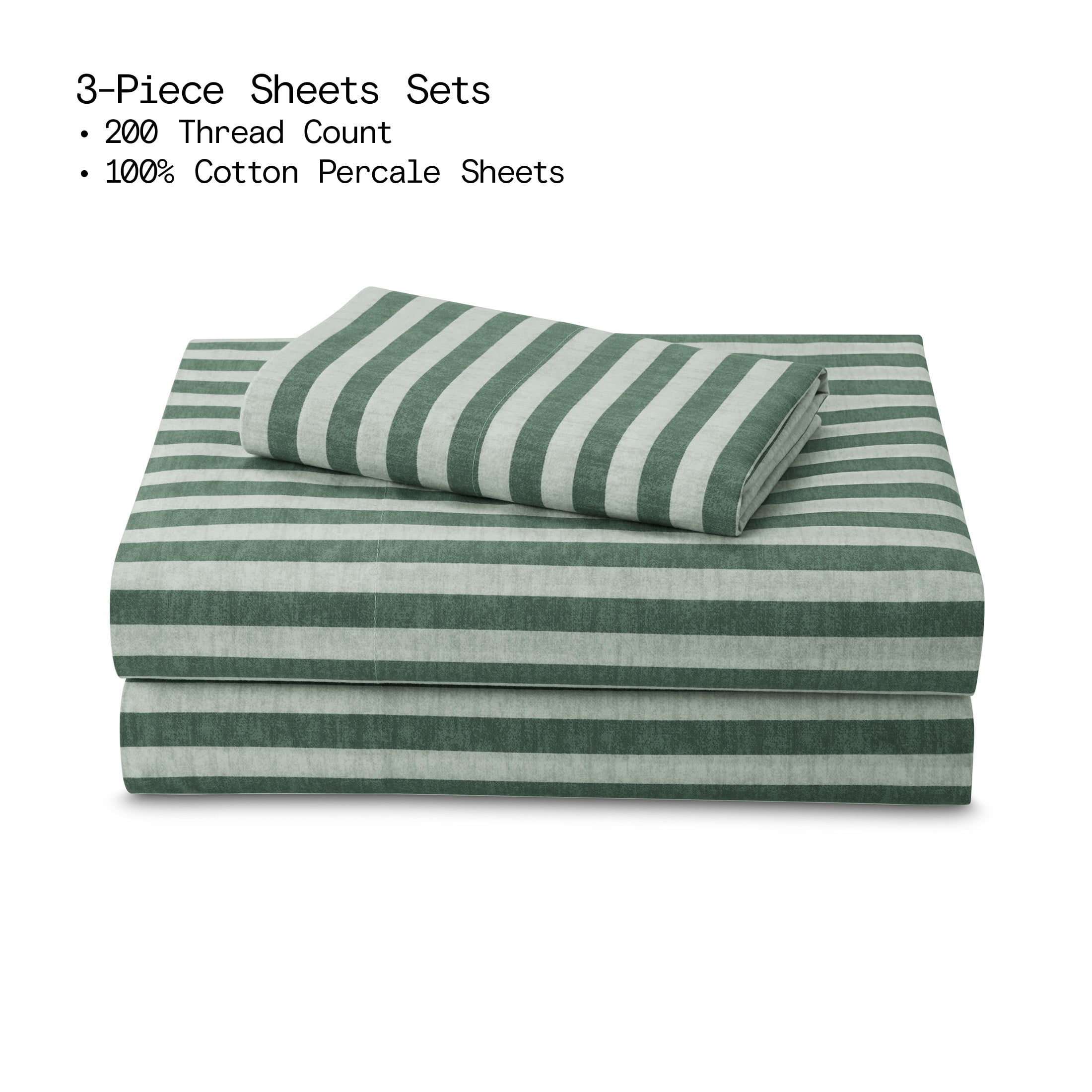 Beautiful Striped 3-Piece 100% Cotton Percale Sage Green Sheet Set, Twin by Drew Barrymore