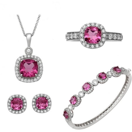 Cushion Cut Simulated Pink Sapphire and Round Clear CZ Ring, Pendant, Earrings and Bracelet Set in Brass