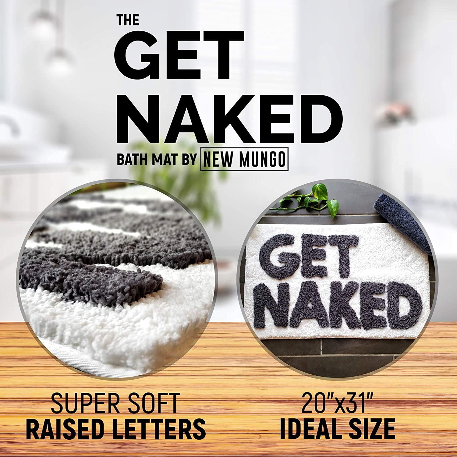New Mungo Get Naked Bath Mat - Bathroom Rugs for Bathtub Mat - Cute Bath Rugs for Apartment Decor - Bath Mats for Bathroom as Shower Floor Mat - Tufted Gray and White Bathroom Rug - 20" x 31"