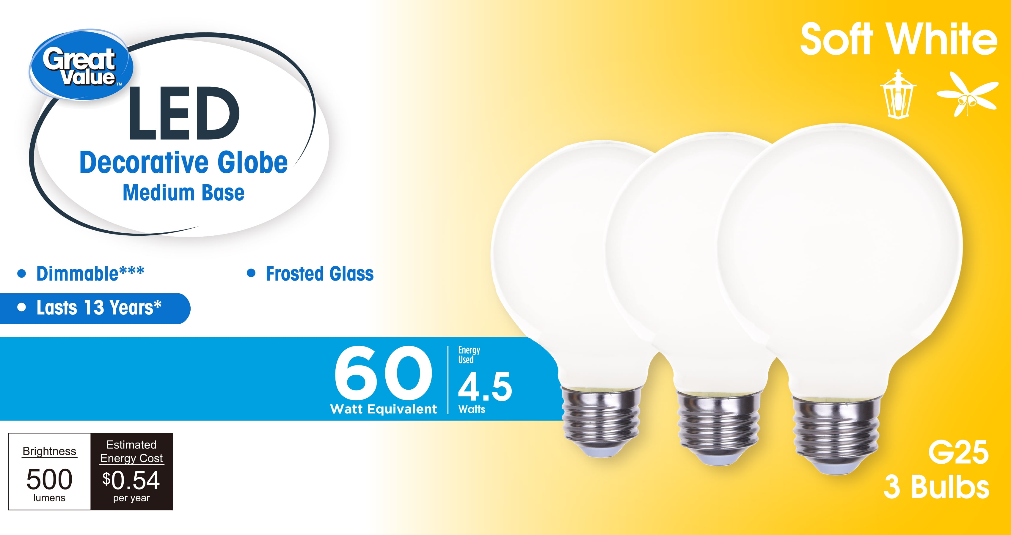 (4 pack) Great Value LED Bulb, 4.5-Watt (60W Equivalent) G25 Deco Bulbs E26 Base, Soft White, 3-Pack