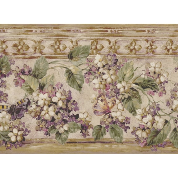 TRIMZ, Floral, Wallpaper Border, Pre-pasted, 15 ft L x 9 in W, Heather Purple, Beige,Tan