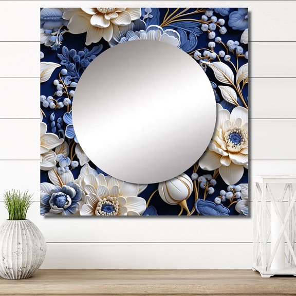 Designart "Intricate Lace In Cobalt Blue II" floral Square Mirror For Wall Decor - Large Blue Square Printed Wall Mirror Art - Square Cottage Mirror - Wall Mounted Square Large Mirror