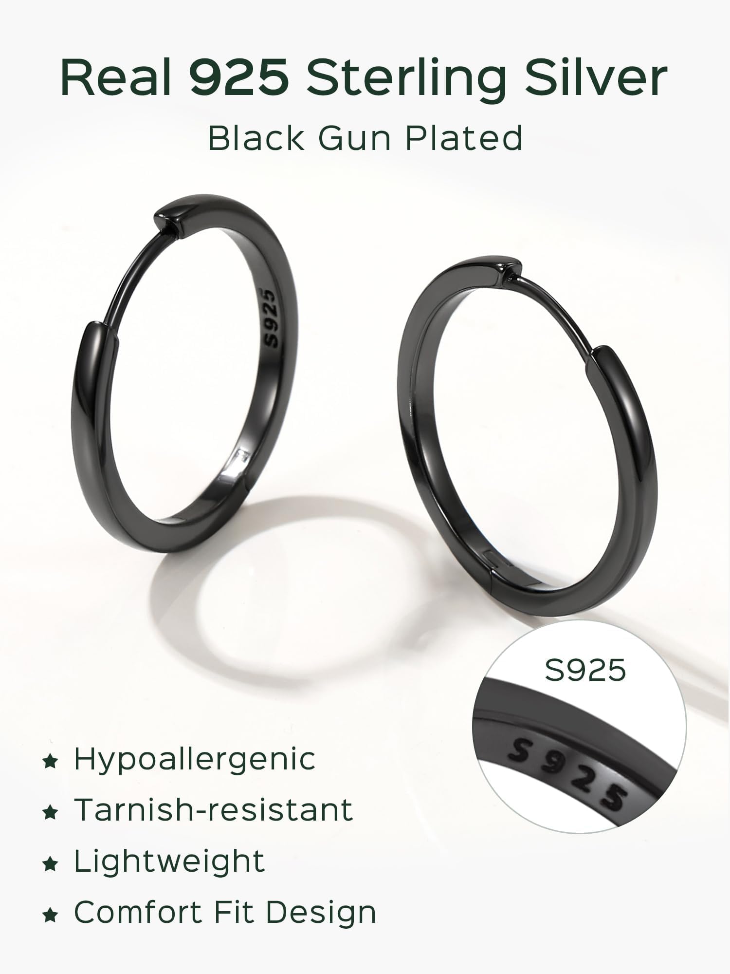 ChicSilver Hypoallergenic Black Huggie Earrings for Women Small Black Hoop Earrings for Women Sterling Silver Earring 18MM