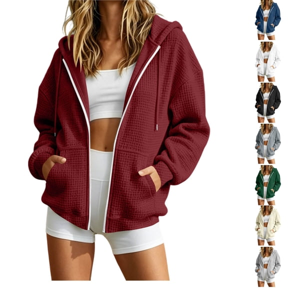Ghalytn Women's Waffle Knit Zip Up Hooded Jacket with Kangaroo Pocket, Oversized Loose Fit Casual Top