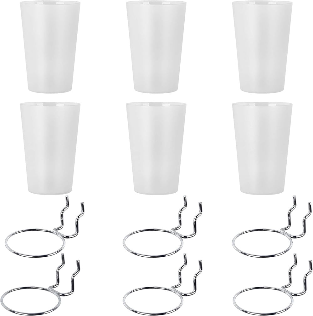 NOGIS 6 Sets Pegboard Cups with Loops, Peg Board Cup Holder Accessories Kit with Pegboard Hooks Assortment, Workbench Pegboard Tools Organizer Storage Bin for Office Garage (Clear)