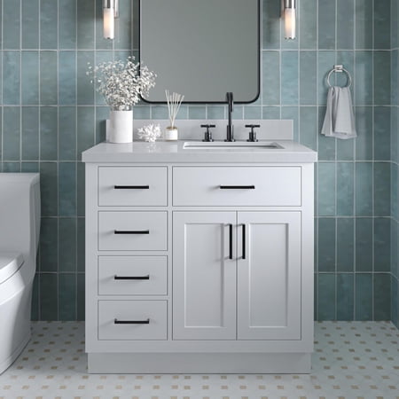 ARIEL Hepburn 36 Inch White Bathroom Vanity with Single Sink, Solid Wood Vanity Base Cabinet, Carrara White Quartz Countertop, 1.5-Inch Edge, Right Rectangular Sink, 2 Soft Closing Doors, 5 Drawers