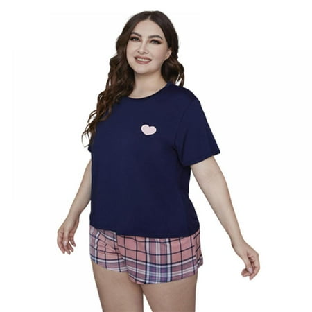 

Monfince Women Oversized Pajamas Sets Short Sleeve Shirt and Plaid Shorts Sleepwear 2 Piece Pjs Blue US 14