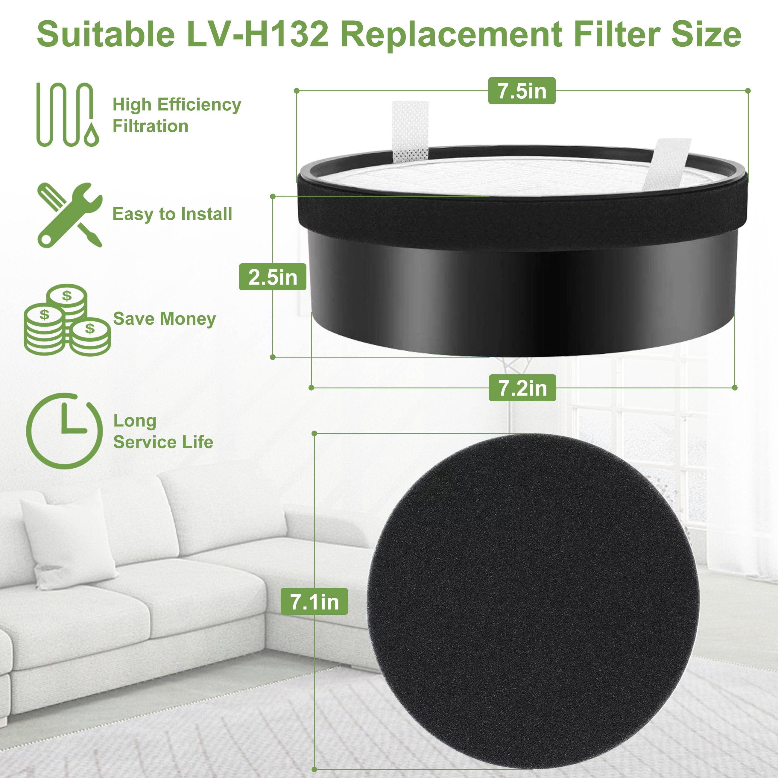 AMI PARTS  LV-H132 Filter Replacement HEPA Compatible with Air Purifier LV-H132-RF 3-in-1 True HEPA Filter