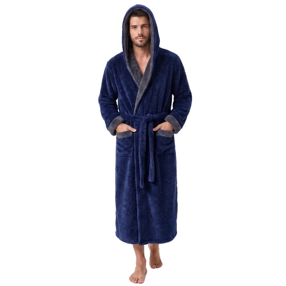 VULCANODON Mens Hooded Robe, Big and Tall Full Length Plush Robe for Men Long Fleece Bathrobe(Navy/Grey, Large-X-Large)