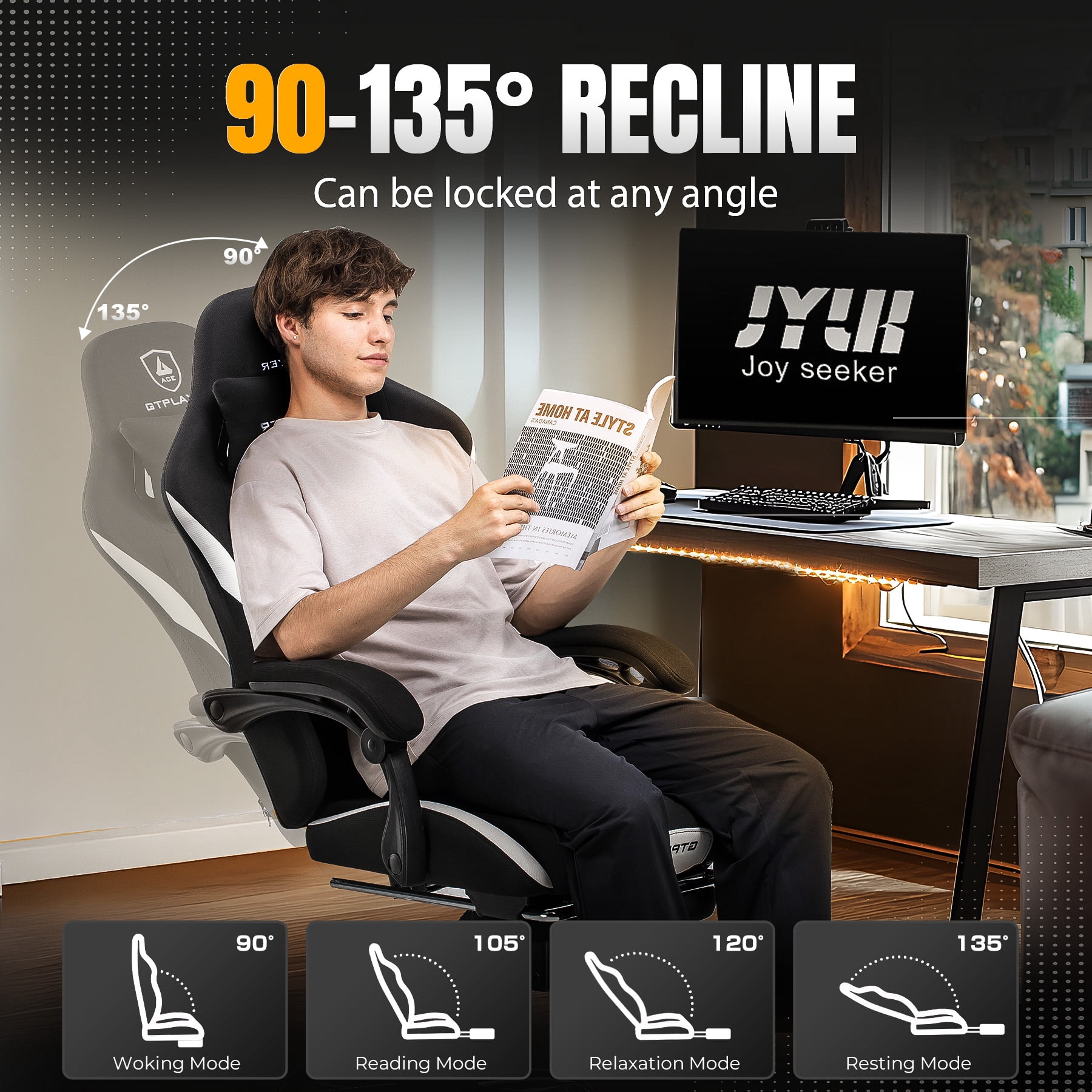 GTPLAYER Ace ProMotion Fabric Gaming Chair with Footrest, Black