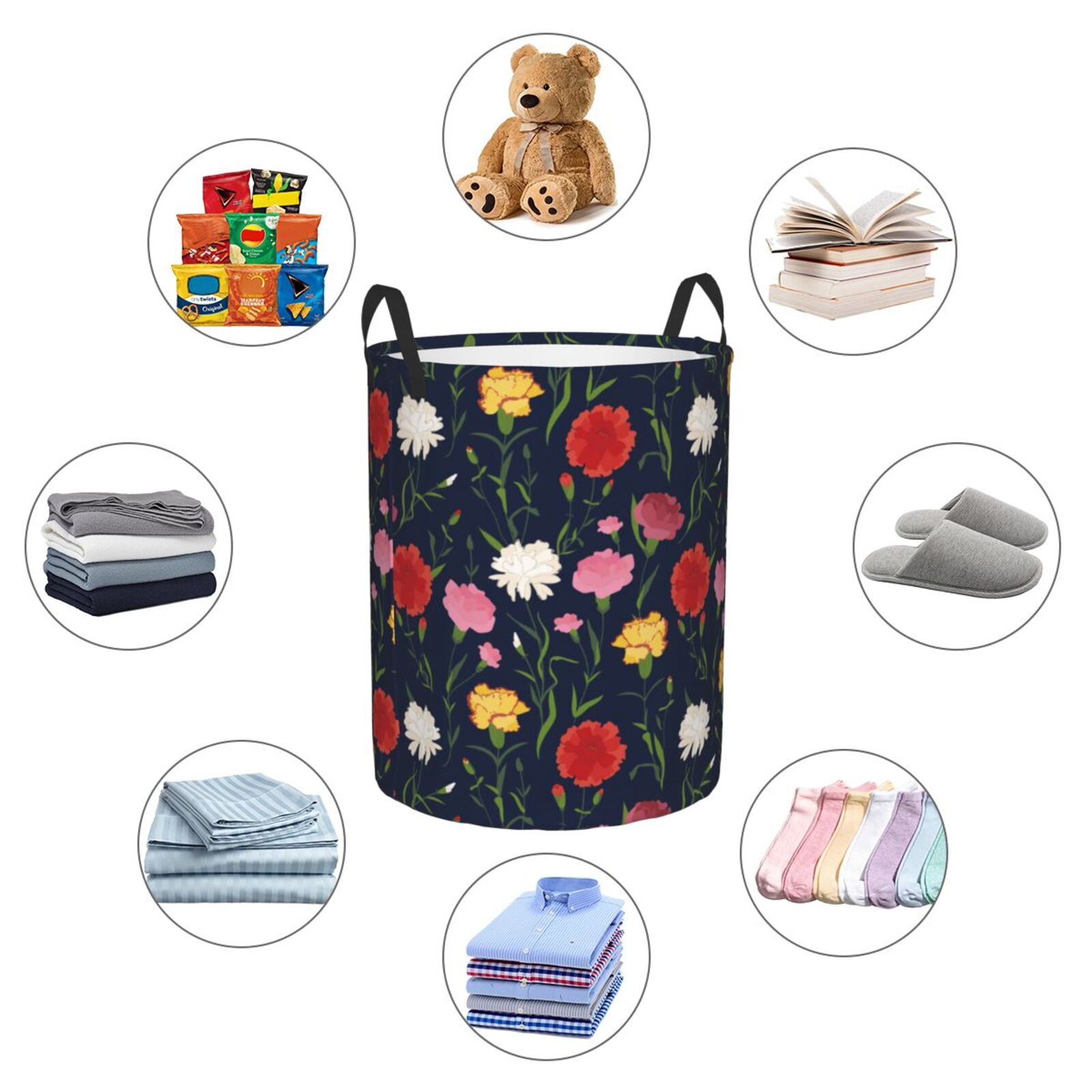 Large Laundry Basket with Handles - Yellow Pink Carnations Flowers Kids Baby Dirty Clothes Laundry Hamper for Bedroom Aesthetic