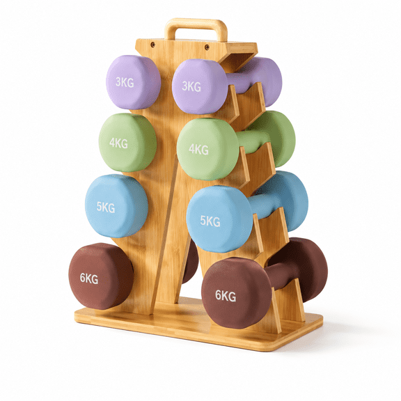 Wooden Dumbbell Rack Home Gym Storage Stand, Fits 8-15lb Weights, Compact A-Frame Organizer