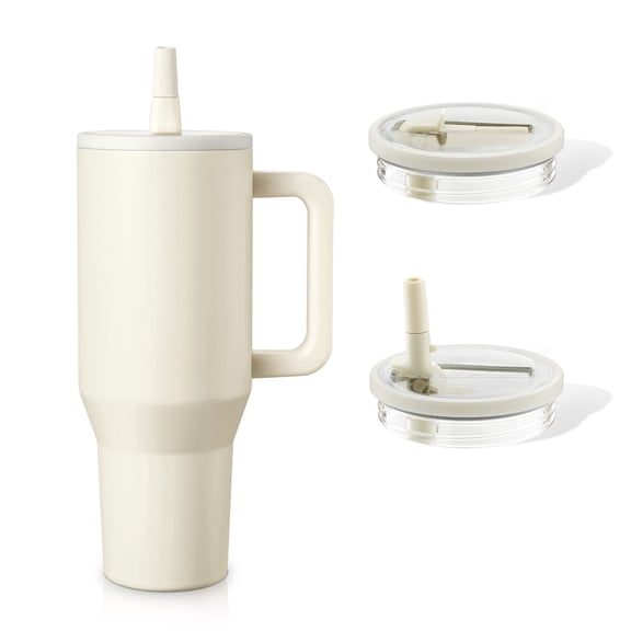 Coliware 40oz Cream Large Vacuum-Insulated Tumbler with Lid, Reusable Stainless Steel Water Bottle with Handle Flip Straw Rubber Base, Leak Resistant Travel Coffee Mug for Home Office Gym