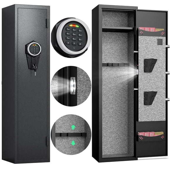 5-6 Digital Gun Safe for Pistols, Quick Access Gun Safe with Silent Mode and Alarm System, Gun Cabinet with Removable Shelf and 2 Adjustable Gun Slots