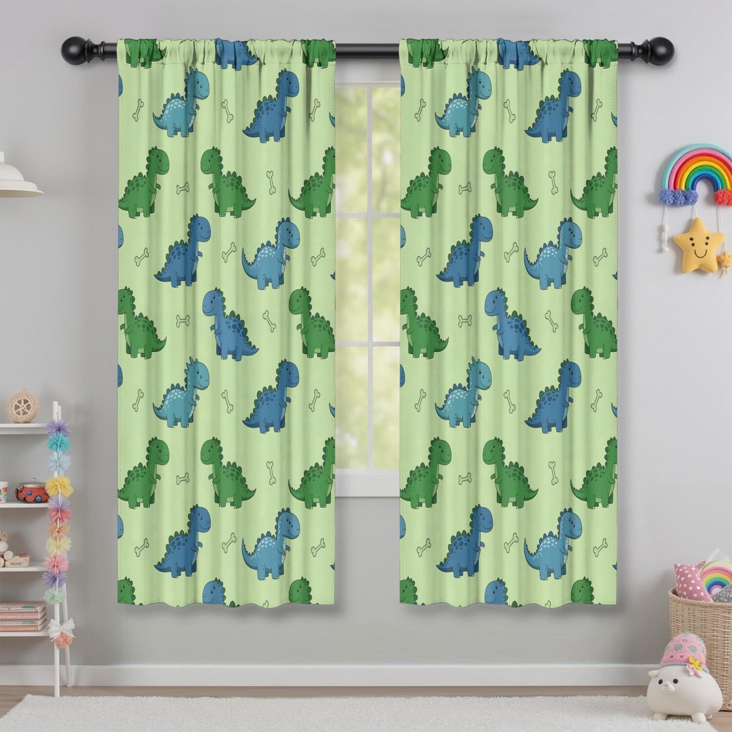 Blackout Kids Curtains,Green Dinosaurs Bones Pattern Childrens Insulated Curtains Set Of 2,Bedroom Essentials,Toddler Room Decor 42"x63"