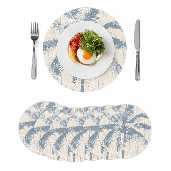 Blue Palm Tree Round 15 Inch Placemats Set of 6, Coastal Summer Wooden HeatResistant Non Slip Place Mats for Dining Table, Wipeable Braided Kitchen Table Mats for Housewarming
