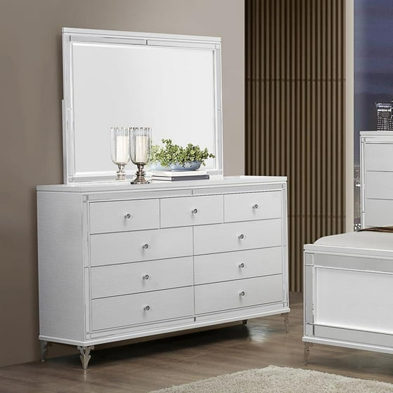 Global Furniture Catalina 9 Piece Dresser & Mirror in Metallic White