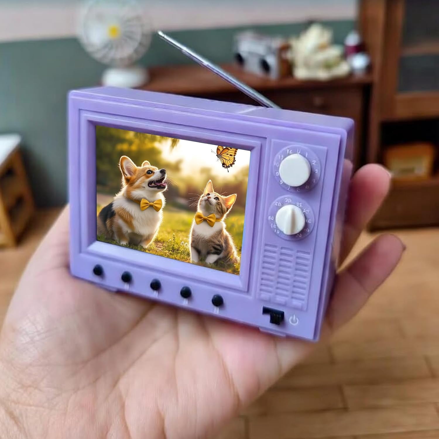 Tiny Retro Television, 2.4 Inch Mini TV for Dollhouse with USB and Battery(XX)