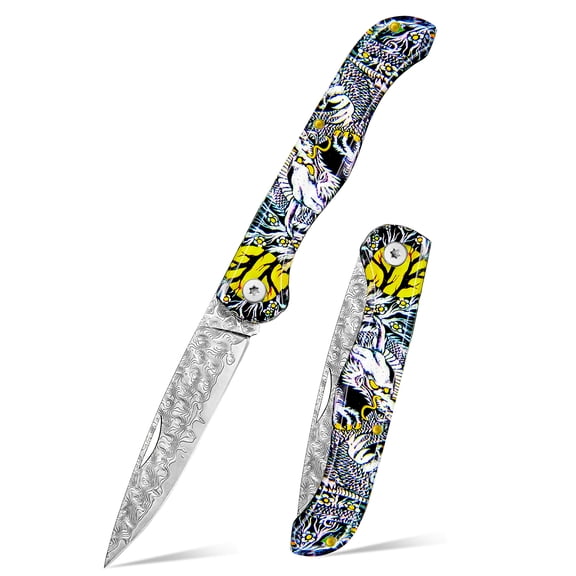 Damascus Steel Folding Knife, Exquisite Dragon Pattern Handle, Portable Pocket Knife for Camping, Hiking & Outdoor Utility