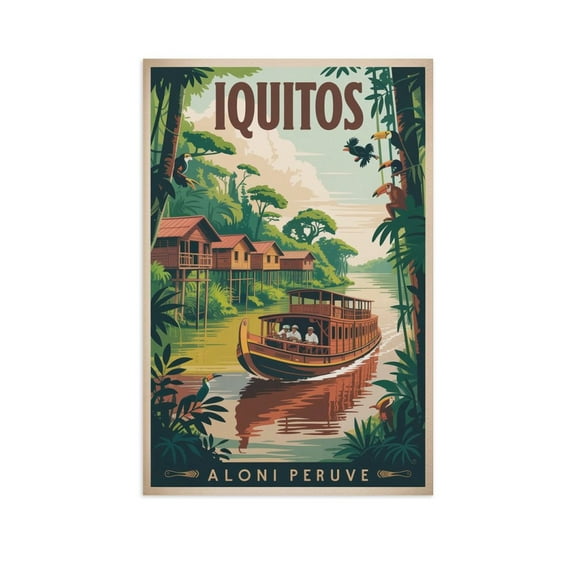 Iquitos Peru Vintage City Travel Poster with Amazon Jungle And Riverside Houses Canvas Poster