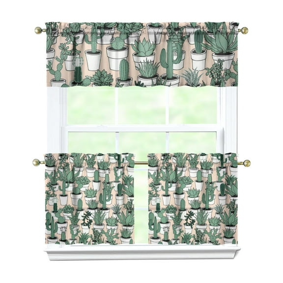Kitchen Curtains 24 Inch Short - 3 Panel Set, Rod Pocket Window Curtain with Boho Cactus and Succulent Art, 100% Polyester for Farmhouse, Cafe, Kitchen, Bedroom, Easy Wash
