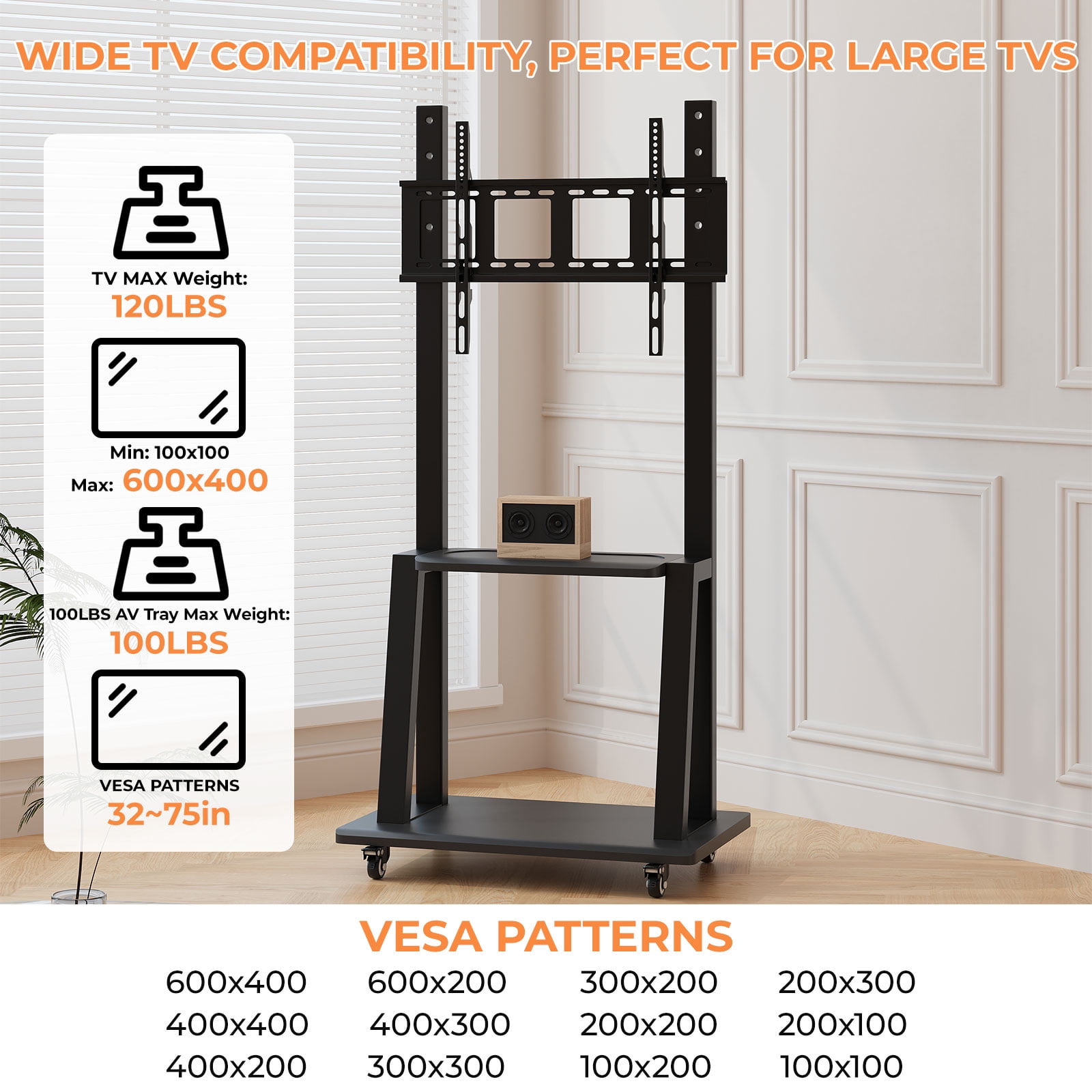 Rolling TV Stand with Storage Shelf for 32-75'' Screen, Mobile TV Stand Height Adjustable Entertainment Center for Living Room Bedroom Office