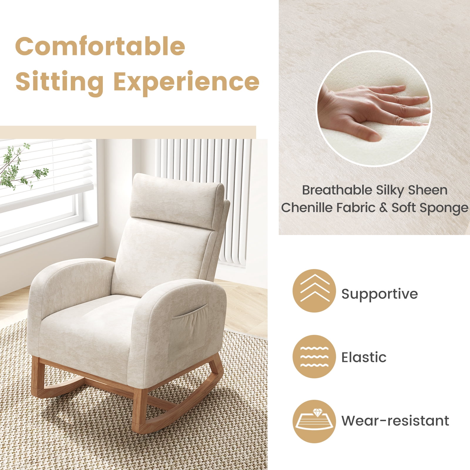 Gymax 2PCS Nursery Rocking Chair Upholstered Chenille Rocker Armchair w/ Side Pocket