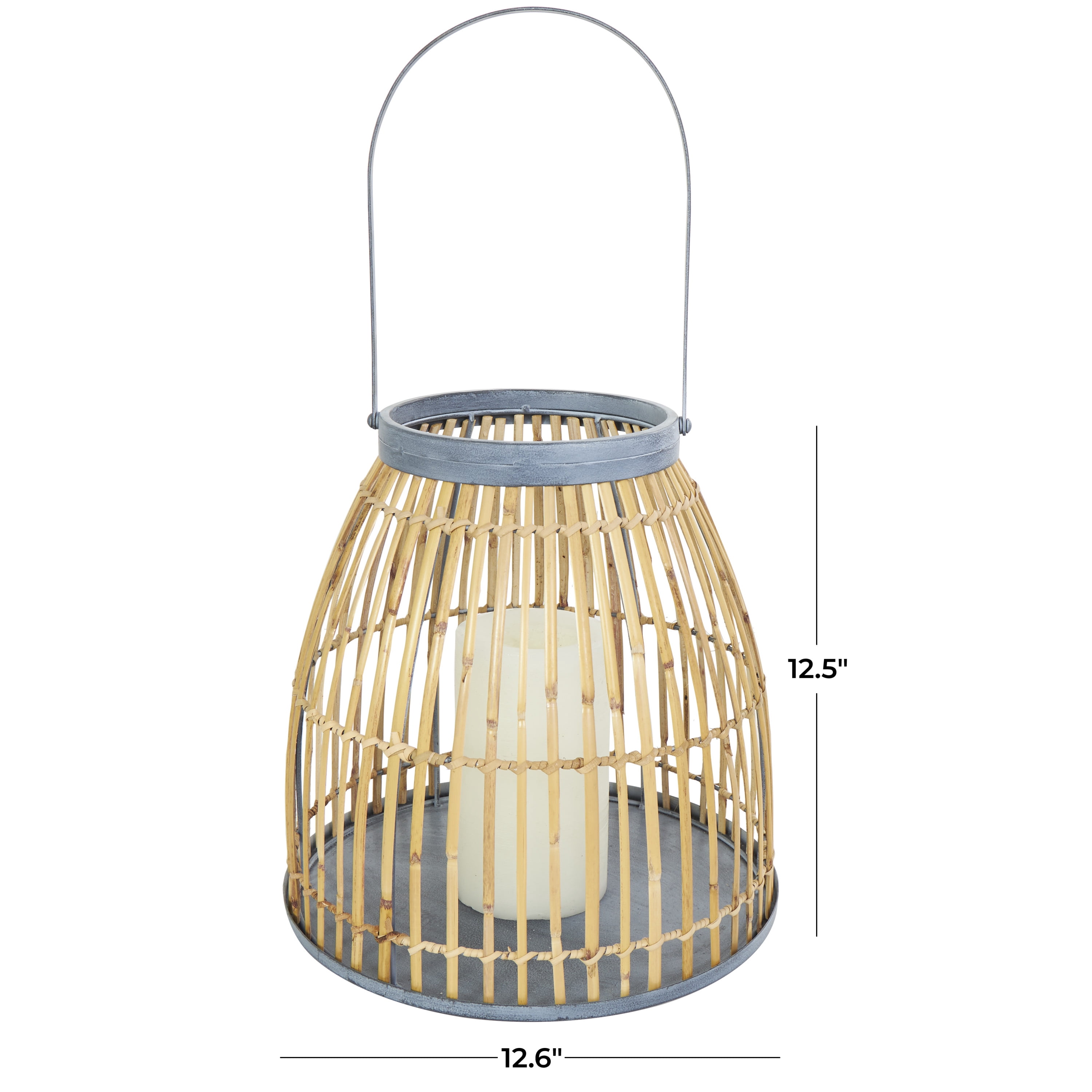 DecMode Brown Bamboo Handmade Woven Open Framed Caged Style Candle Lantern with Blue Metal Accents and Handle
