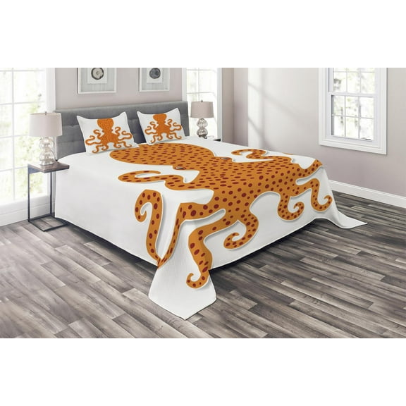 Ambesonne Sealife Quilted Coverlet 3 Pcs, Octopus Marine Mosters, King Size, Orange